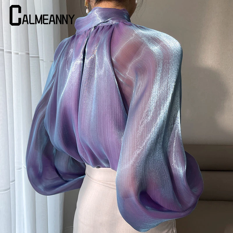 Women's Satin Blouses Stylish Big Bow Shirts 2023 Spring Autumn New Fashion Korean Edition Casual Puff Sleeve Female Solid Top