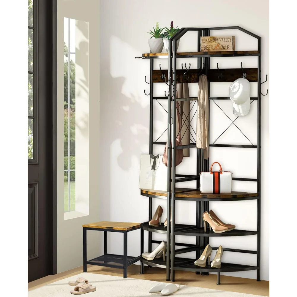 

4-Tier Corner Coat Rack with Shoe Storage, Entryway Hall Tree with Bench and Hooks, Wooden Corner Clothes Rack Shoe