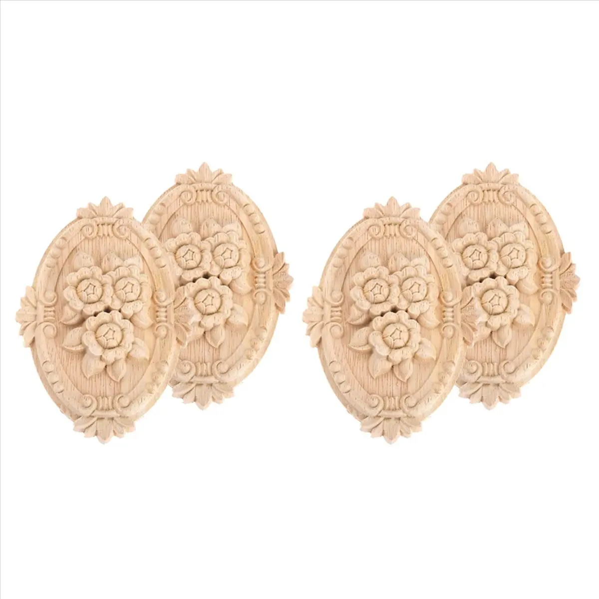 *BAAY 4Pcs Wood Carved Applique Frame Onlay Unpainted Furniture Decoration Unpainted Oval Patterns 21X15cm
