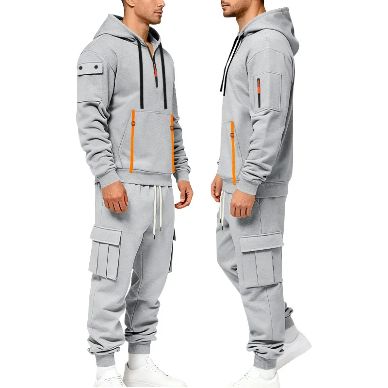 

Men's Hooded Tracksuit Autumn Winter Half Zip Sweatshirt Multi Pocket Cargo Jogger Pants Two Piece Set