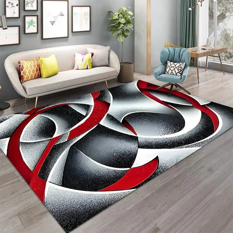 VIKAMA Modern Abstract Swirl Area Rug Black Red White Curve Print Non Slip Washable Large Living Room Decor Carpet