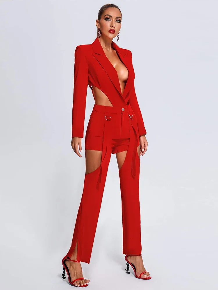 

New Women Red Blazer Pant Suits Sexy Hollow Out Backless Long Sleeve Jacket + Trousers 3 Piece Set Party Evening