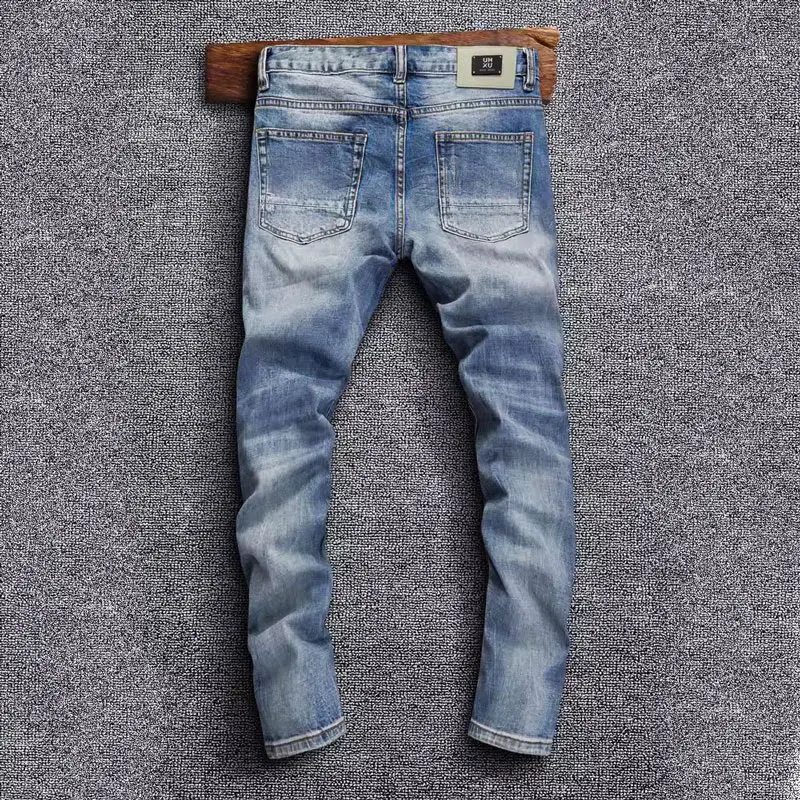 Street Fashion Men Jeans High Quality Retro Black Blue Stretch Slim Fit Ripped Jeans Men Patched Designer Hip Hop Denim Pants