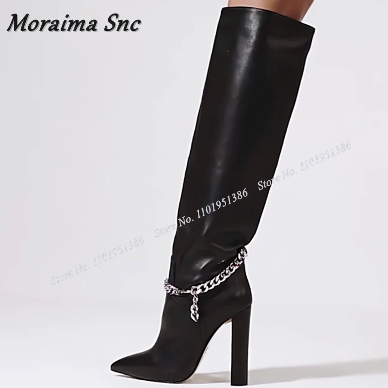 Moraima Snc Black Chain Decor stivali con tacco grosso stivali alti al ginocchio solidi scarpe a punta per le donne tacchi alti Zapatillas Mujer