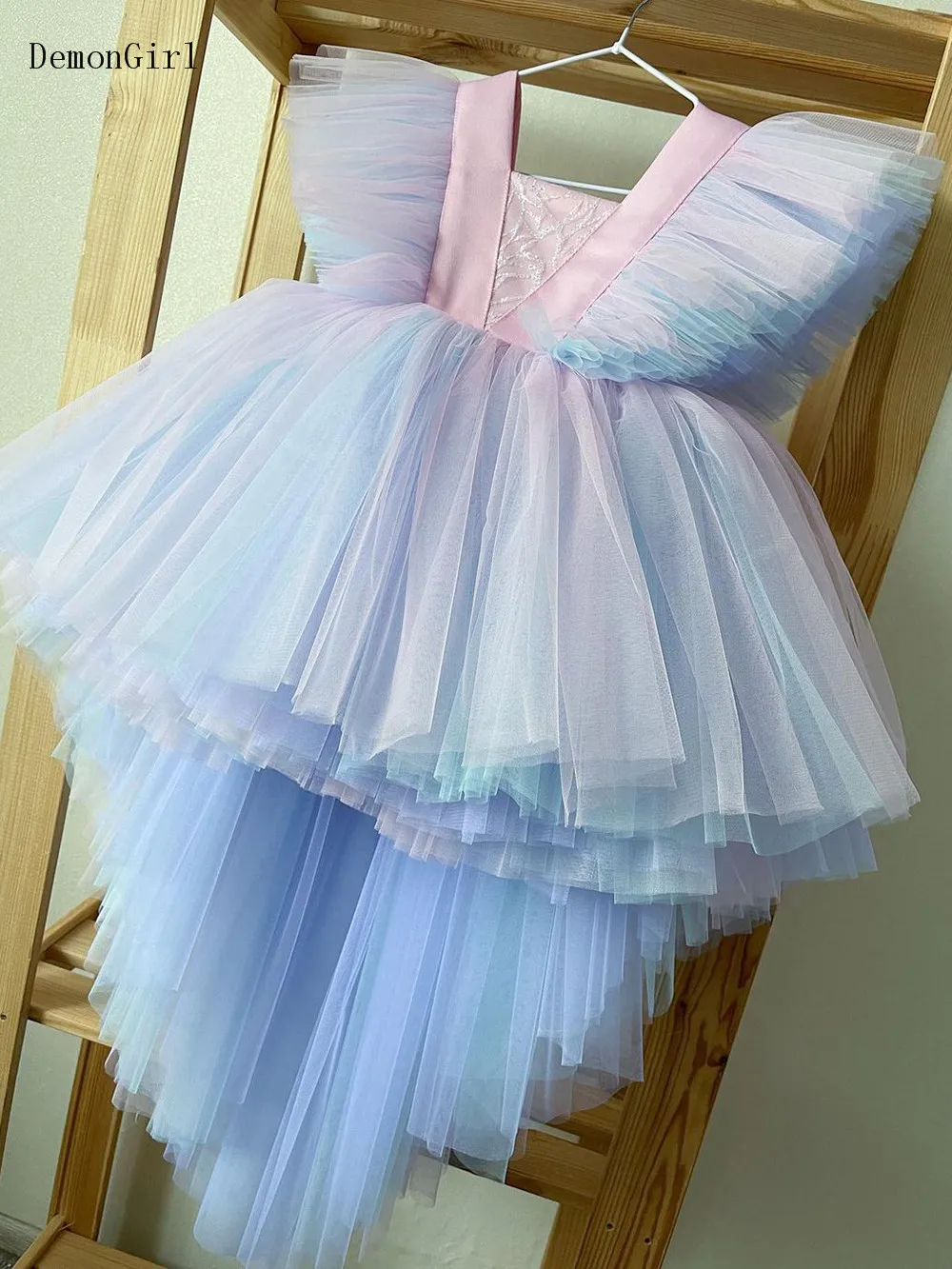 Purple Tulle Hi Low Style Kids Flower Girl Dresses Puffy Sleeves First Communion Dresses Girl Birthday Party Gown