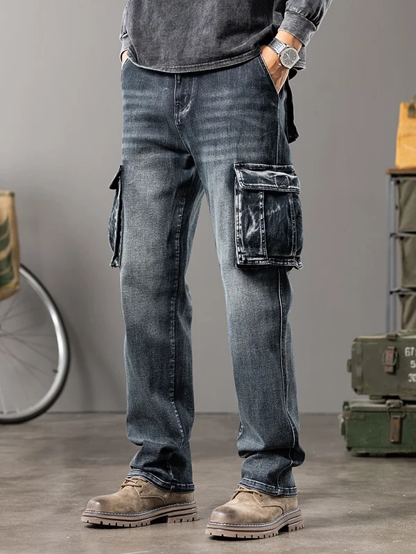 

Retro American Style Men's Workwear Jeans Straight Leg Washed Multi-Pocket Casual Trousers Durable Loose Fit Youth Fashion