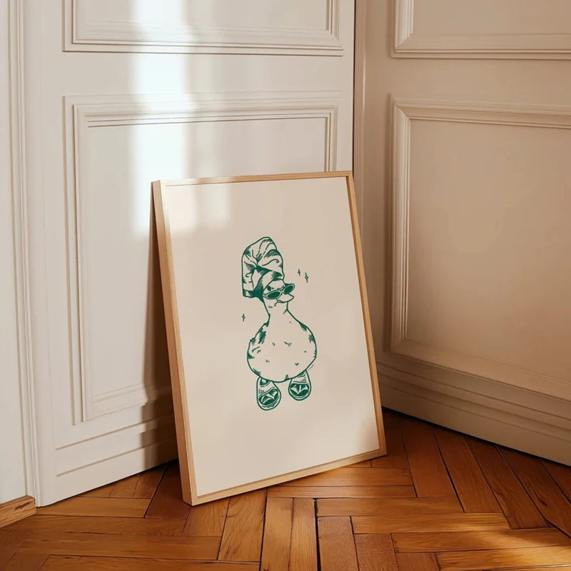 Unframe Cool Duck in Slippers Art Print Green | Vintage Art | Bathroom Wall Art | Duck Print | Trendy Decor Frameless Canvas Pos