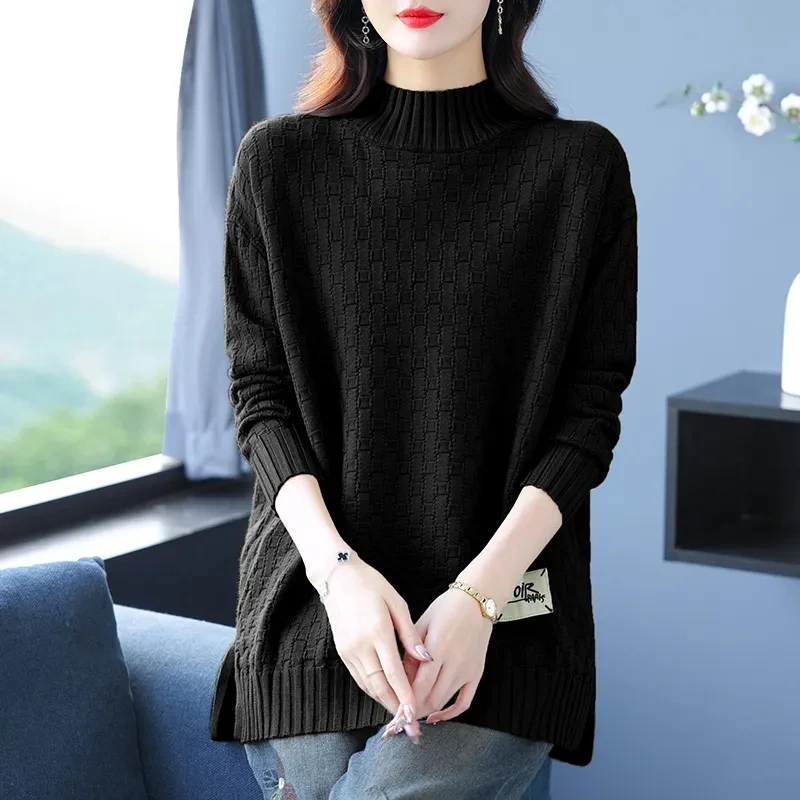 Half High Neck Sweater For Women Autumn Winter Korean Loose Large Size Knitted Sweater Pullovers Female O-Neck Jumper Full Tops