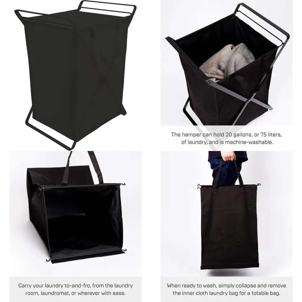 

Большая черная корзина для белья из стали и хлопка с подкладкой от Yamazaki Home