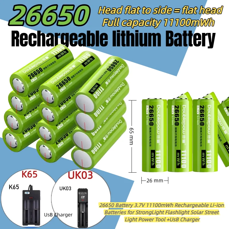 

HOT 3.7V 26650 11100mWh Battery Lithium Ion Rechargeable Batteries Set for Strong Light Flashlight Solar Street Light Power Tool