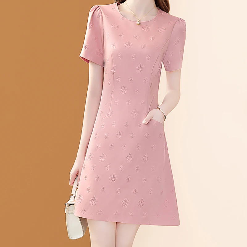 EVNISI Chic Women Floral Embroidery Dress Elegant Short Sleeve Office A-line Dresses Casual Pink Vestido For Women Summer 2024