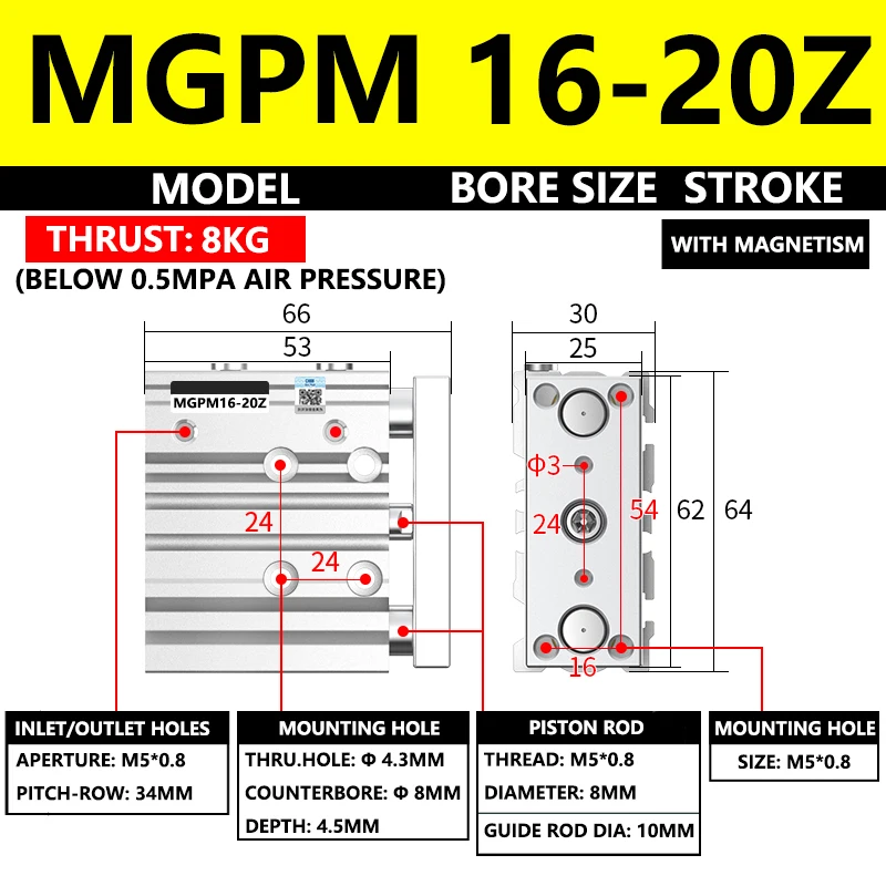 ABILKEEN MGPM16-20Z MGPM Series Pneumatic Compact Guide Cylinder 16MM Bore X 20MM Stroke Thin Three Axis Three Rod Air Cylinder