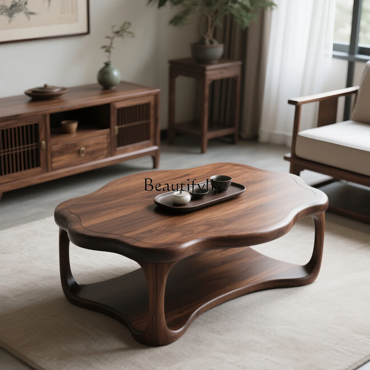 

New Chinese-style North American black walnut solid wood coffee table, living room home modern simple special-shaped