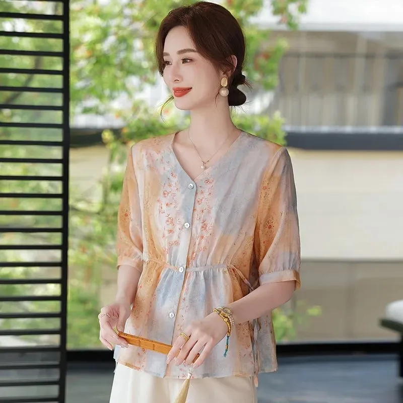 

Women's Gradient Floral Print Blouse V Neck Half Sleeve Drawstring Waist Casual Loose Fit Summer Tops