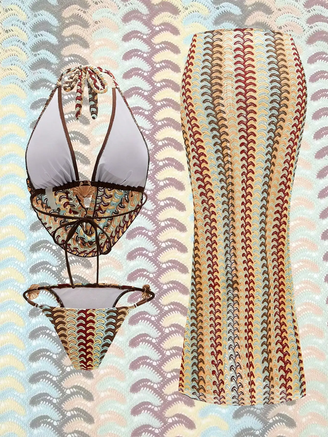 

Women Halter Neck Swimsuit Set With Side Tie Skirt Beach Vacation