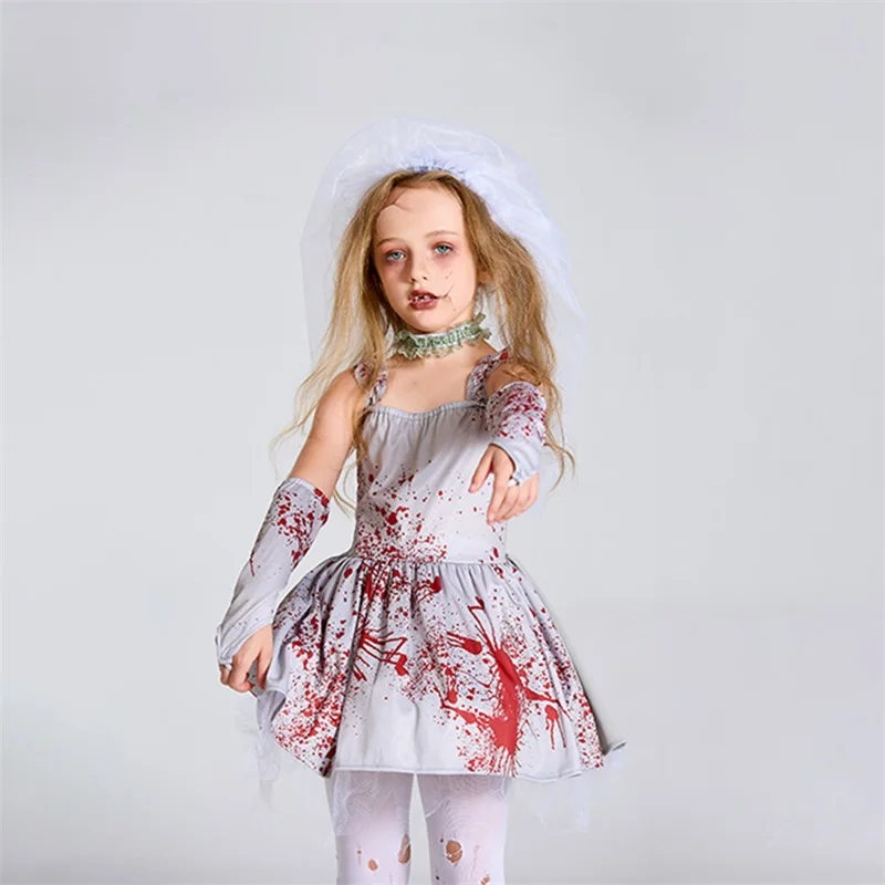 Zombie Bride Costume For Girls Gothic Sleeveless Bloody Dress Set Halloween Cosplay Outfits 4-16 Years Hot Sale