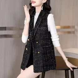 Korean Office Lady Waistcoat Coat Vintage Black Tweed Vest For Women V-neck Sleeveless Jackets Autumn Winter Elegant Outerwear