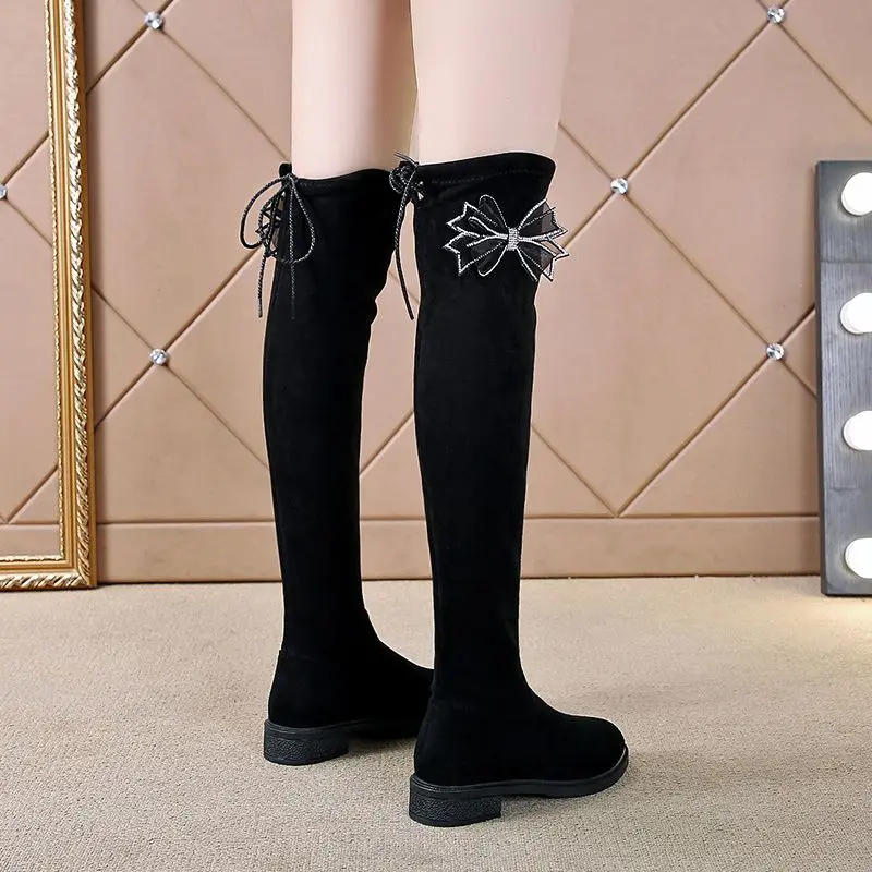 

Women 2025 New Over Knee Lace Up Suede Round Toe Low Heel Slimming Bow Tie High Boots Spring Autumn Black Work Wear