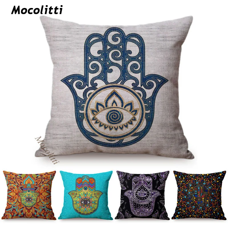 Arabic Fatima Hand Cushion Cover Worship Decoration Hamsa Khamsah Hand Pattern Print Cotton Linen Sofa Pillowcase cojines kussen