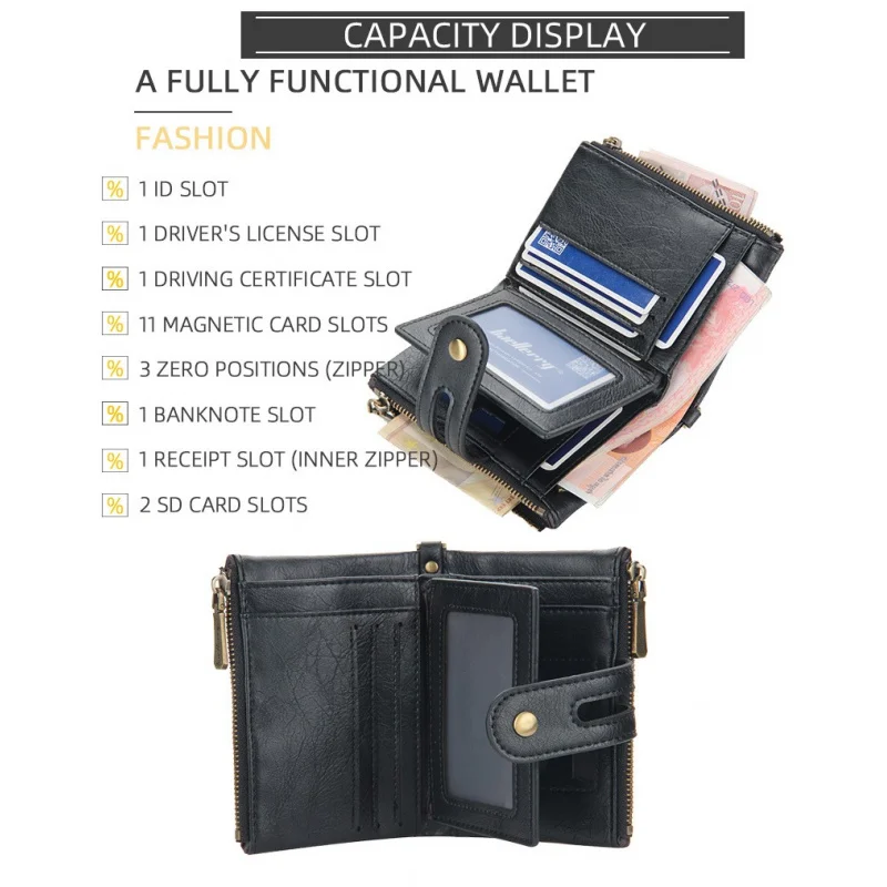 Premium Men's Short Wallet Large Capacity Anti-Lost Chain Double Zipper Purse Multiple Card Slots