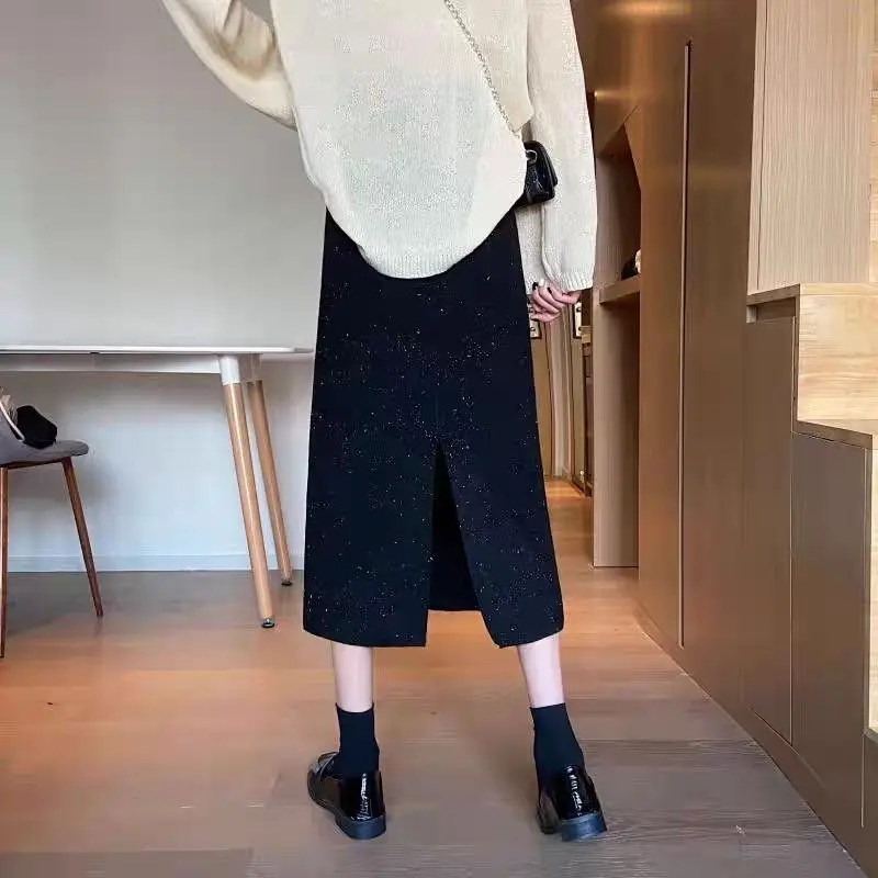 Autumn and Winter Women's A-Line Split Mid Length Wrap Hip Skirt High Waist Slim Bright Silk Fashion Office Lady All Match Skirt