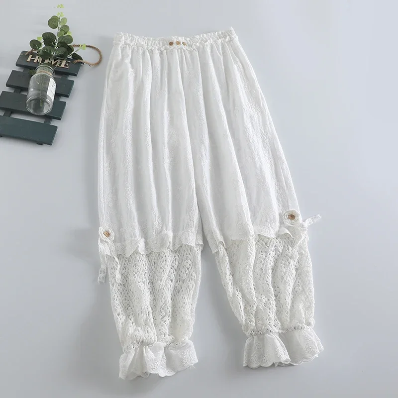 Pantalones ahuecados con bordado de flores de encaje dulce para mujer, pantalones de algodón sueltos, cintura elástica, volantes, Kawaii, chica japonesa Mori