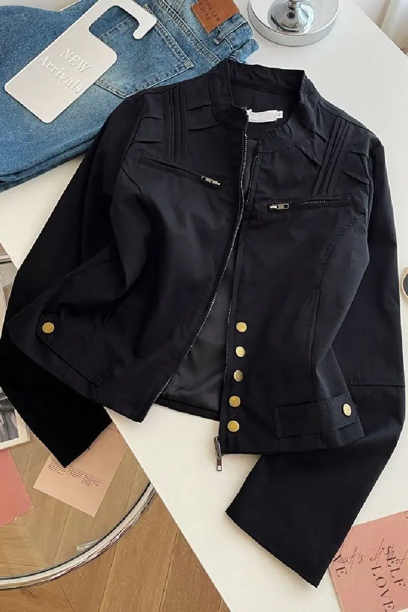 

Американская ретро рабочая одежда с воротником-стойкой, осенняя универсальная повседневная куртка для пикантных девушек, классическая черная верхняя одежда с длинными рукавами