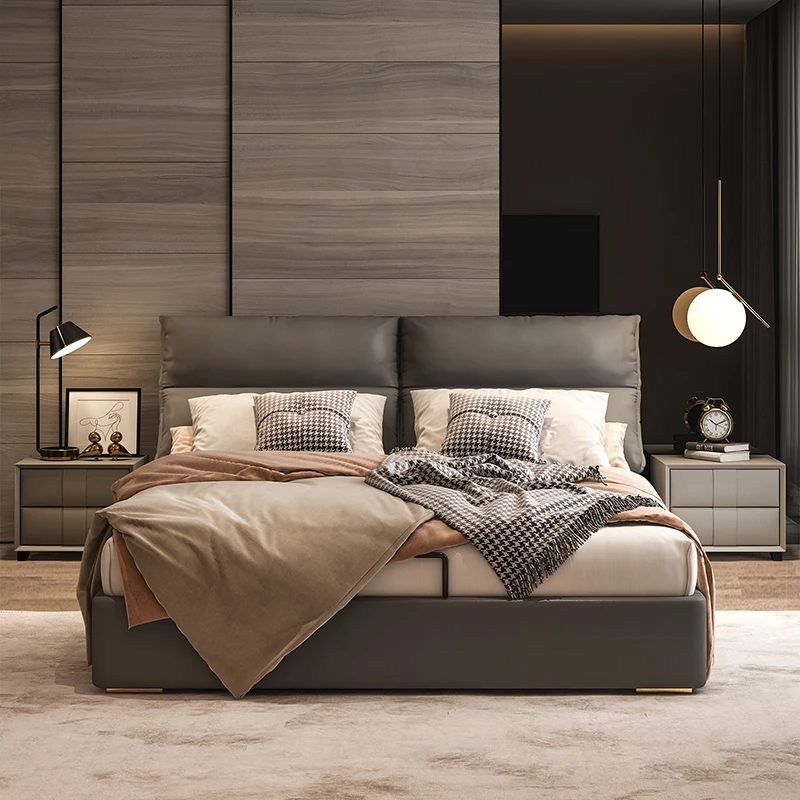 

Italian Leather Bed Luxury Modern Bedroom Double Bed Aesthetic Unique Headboard Cama De Lujo Para Dormitorio Bedroom Furniture