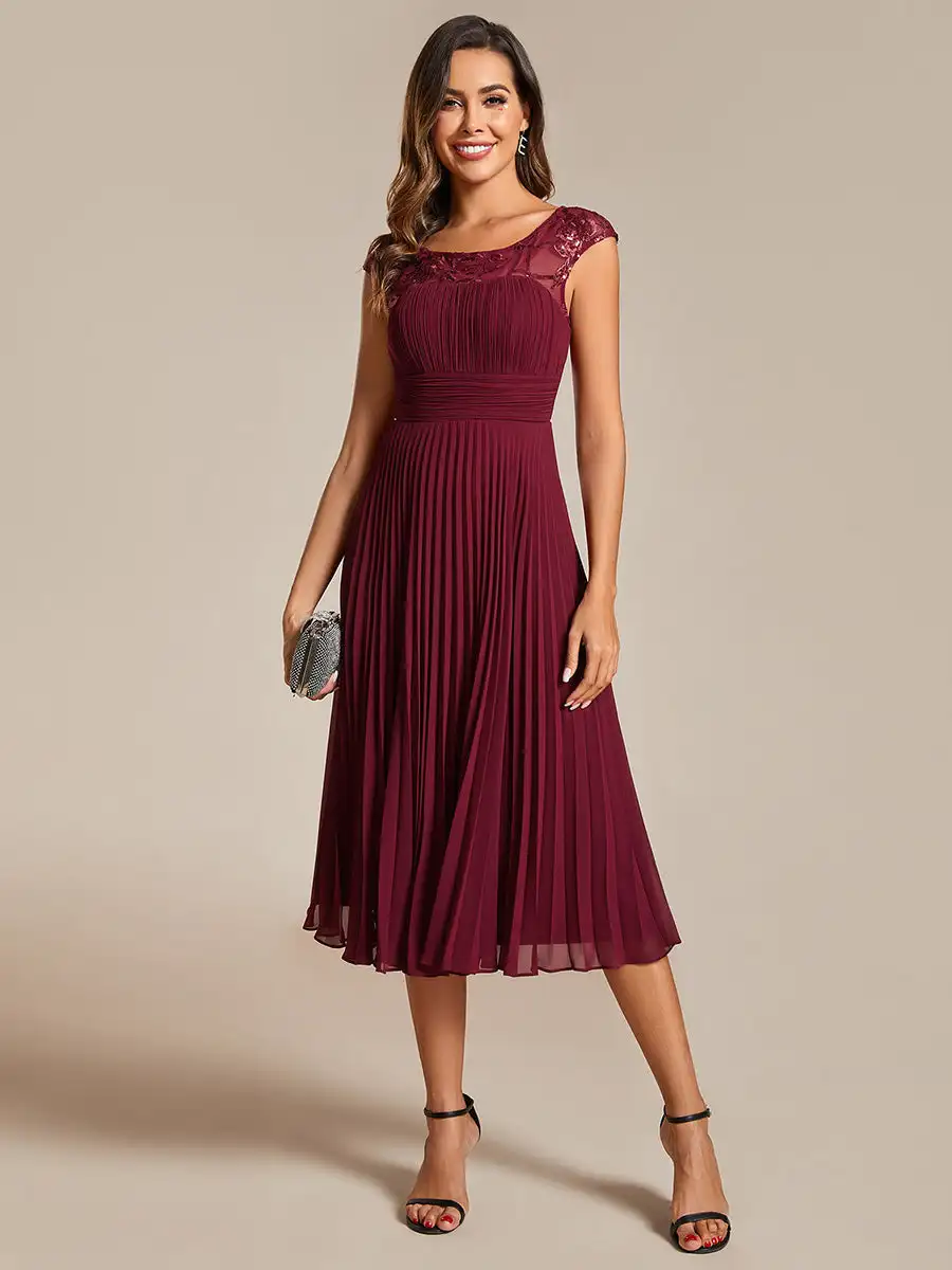 

Elegant Evening Dresses Embroidery Round Neck Tea Length Raglan Sleeves 2024 BAZIIINGAAA of Burgundy Wedding Guest Dress