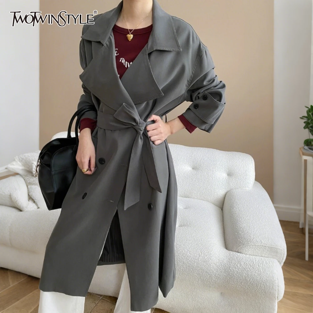 TWOTWINSTYLE Solid Spliced Sashes Jacket Female Lapel Long Sleeve Slimming Streetwear Women's Long Jackets Summer Fashion New