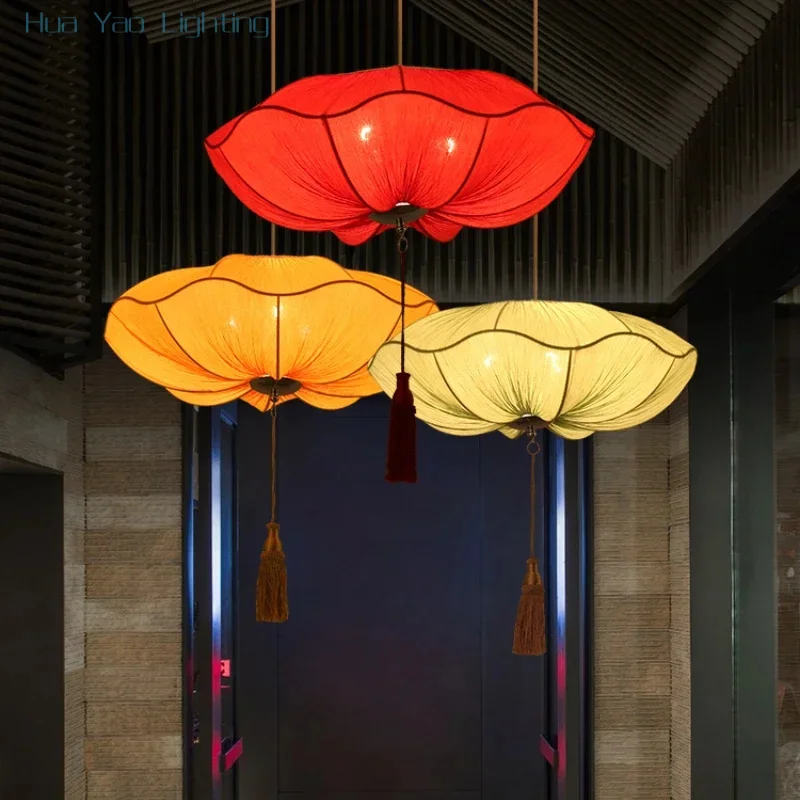 Chinese Lantern Pendant Lights Southeast Asian Handmade Fabric Hanging Lamp Restaurant Kitchen Lotus Leaf Suspension Lustre Lamp