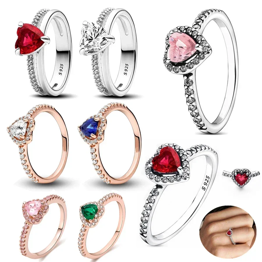 Nowy 925 Sterling Silver Luksusowy damski CZ Cubic Zircon Klasyczny błyszczący czerwony pierścionek z sercem Biżuteria Prezent Srebrna biżuteria Pierścionki damskie