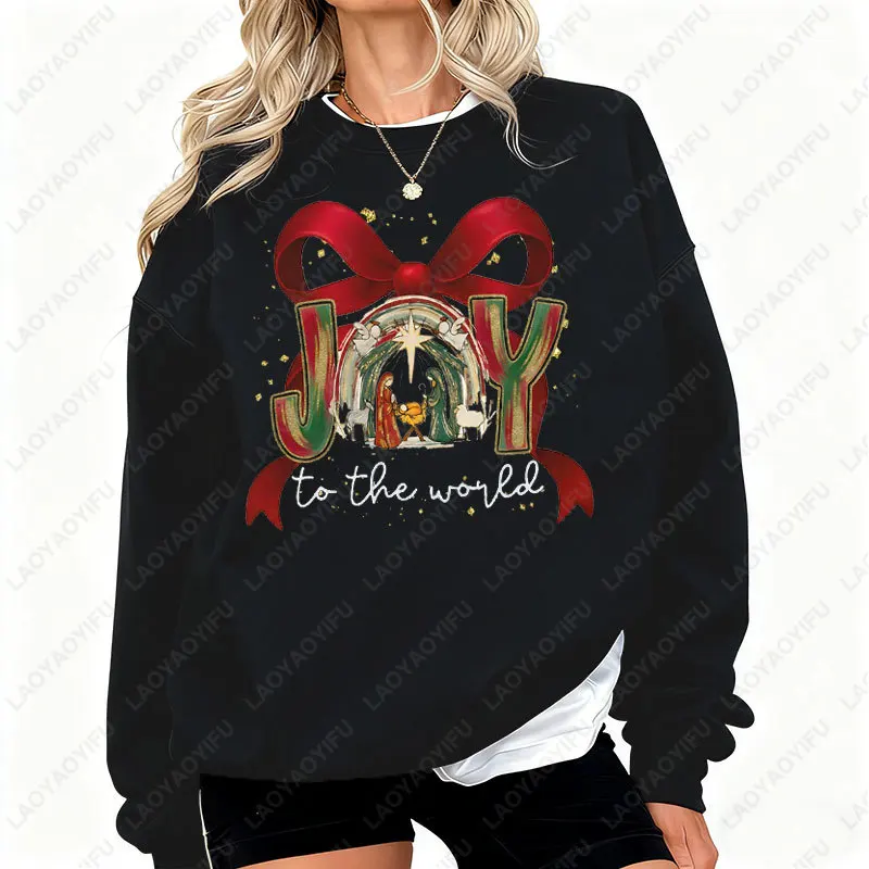 Joy To The World Nativity Scene Baby Jesus Girocollo Pullover Christian Christmas Faith Felpe con cappuccio Sacra notte Fiocco rosso Clipart Felpa con cappuccio