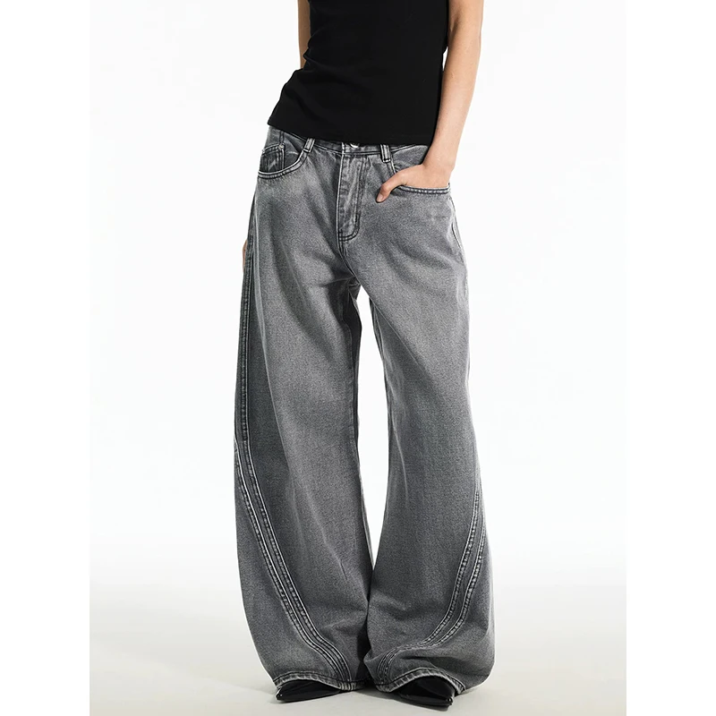 YIBASHU Women Gray Gothic Baggy Y2k Jeans American Vintage 2000s Grunge Emo Jean Pants Harajuku Oversize Denim Trousers Clothes