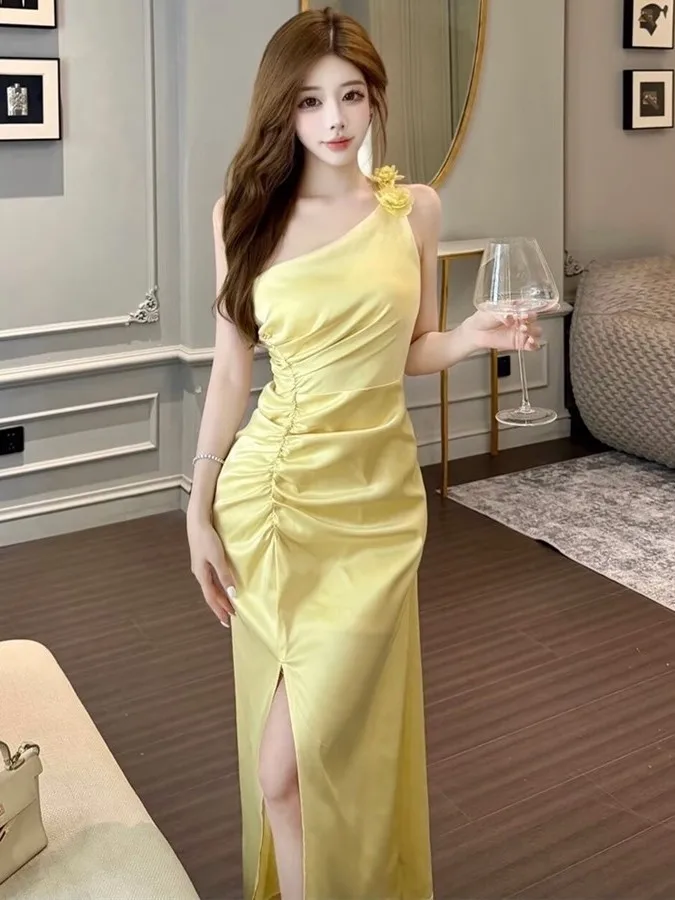 Elegant Floral Sleeveless Wrap Dress Sexy Light Luxury Pleated Split Evening Gown Long Skirt French Style Slim Fit H-Shape