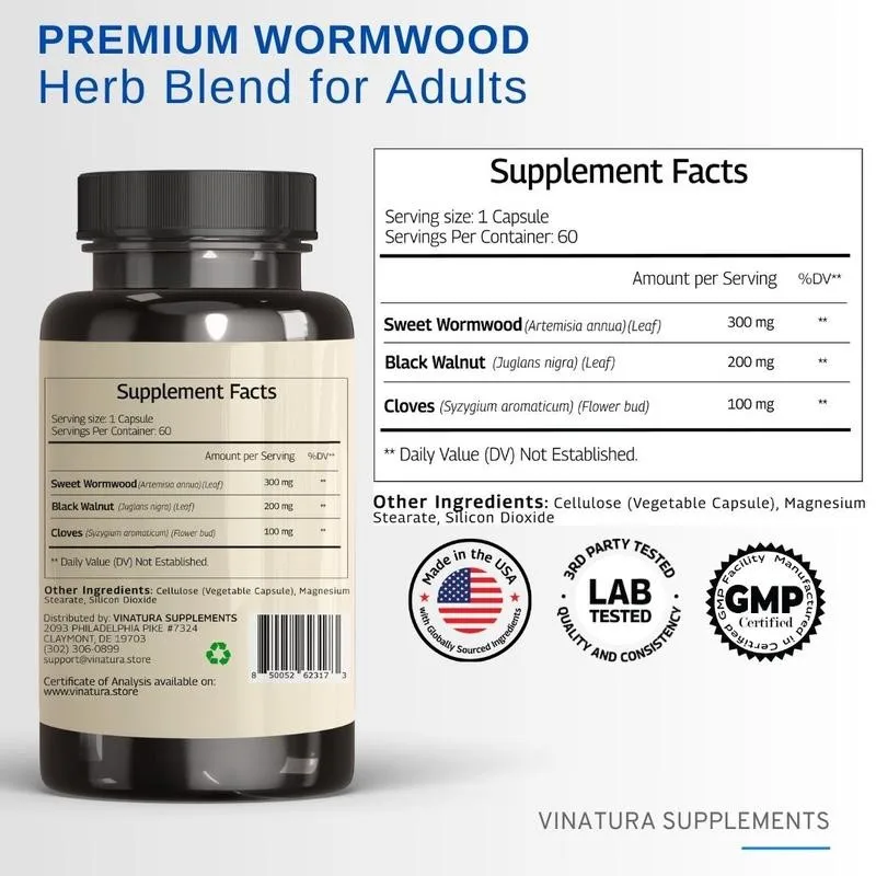 Wormwood Black Walnut Clove - Colon Cleanse & Detox Constipation Relief, Sweet Wormwood, Cloves