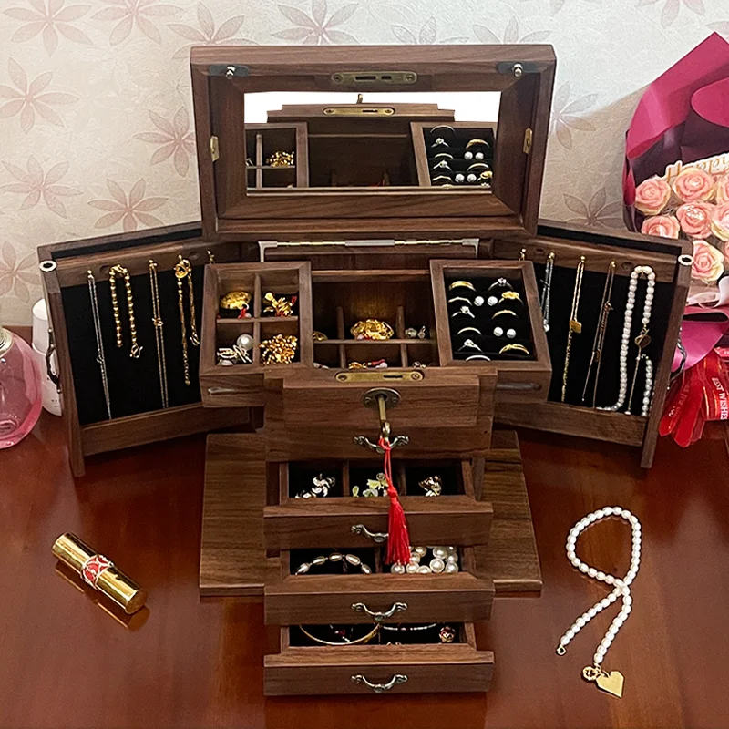 Caja para guardar joyas de madera maciza de nogal con cerradura