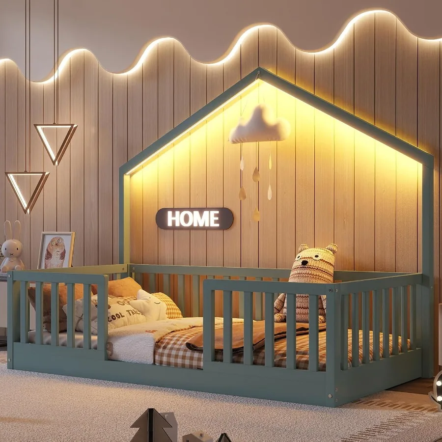 House-shaped floor bed for kids' Montessori bedroom use, solid wood frame in natural wood color with built-in light and tall sa