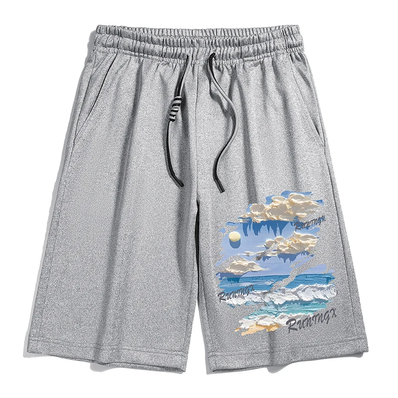 Men's Letter Elastic Pockets Natural Scenery Printing Drawstring High Waist Summer England Style Straight Knee Pants Shorts