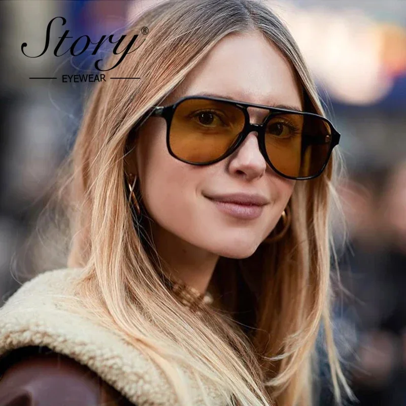 STORY Trendy Vintage Yellow Pilot Sunglasses Women Men Designer Classic Oversize  Aviation Sun Glasses Male Shades UV400 S40032N