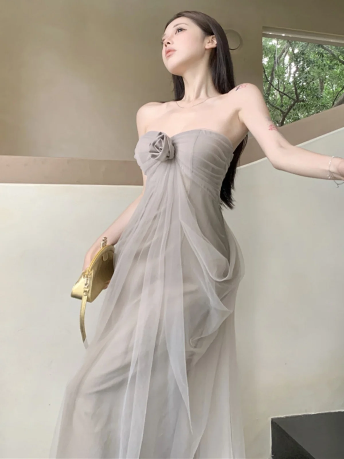 Elegant Pure Desire Fairy Tale Style One Shoulder Lace Midi Dress Beach Vacation Essential Beautiful Long Skirt for Women