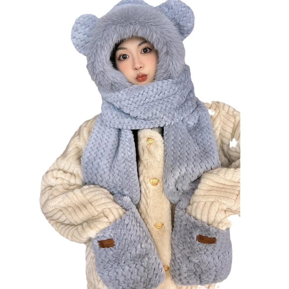 

Зимняя женская теплая шапка с шарфом, перчатками и цельной шапкой, милая и плюшевая теплая шапка, подходит для уличных теплых шапок зимой