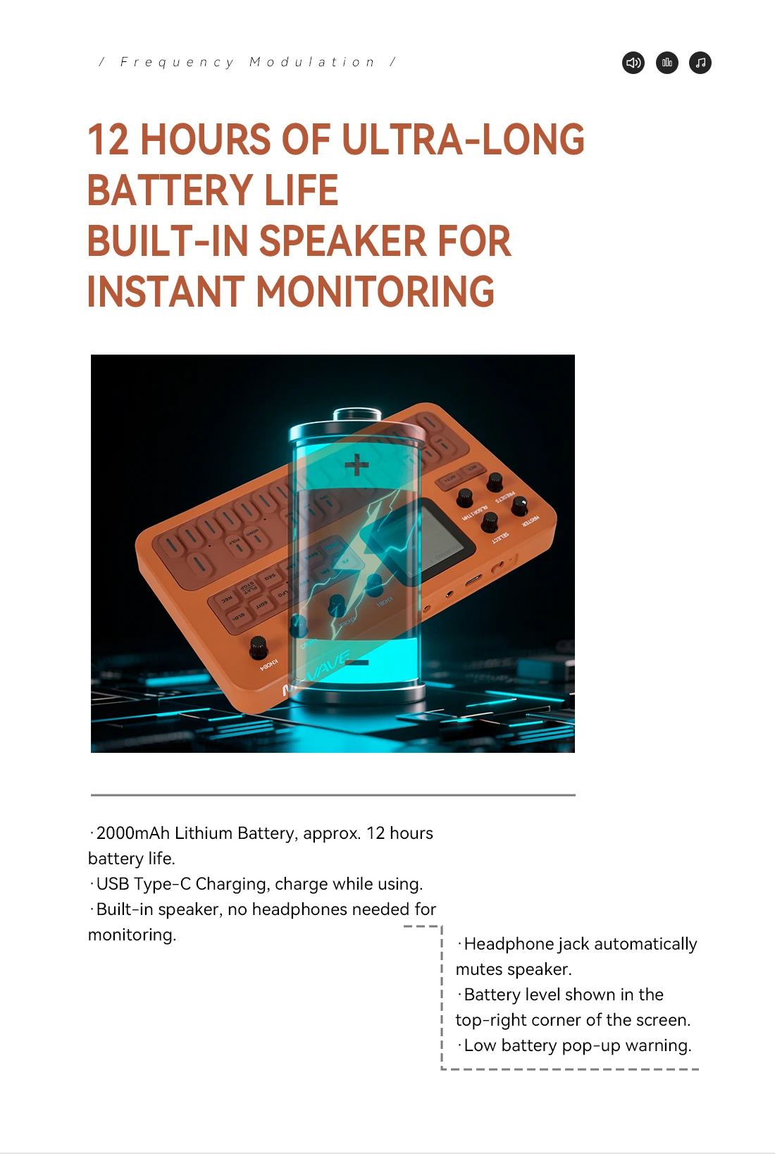 M-VAVE FM-1 (SK15)  Orange Handheld Synthesizer – 27-Key Silicone Keyboard, 12-Voice Poly, 2000mAh Battery, Built-in Speaker view 6