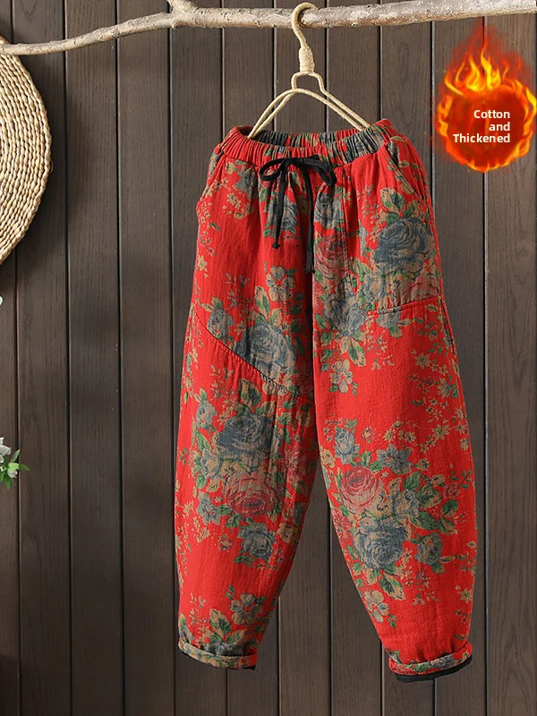 

plus Size Wide Leg Pants Women's Casual Print Cotton Filled High Waist Winter Faion Simple Design Comfortable Loose Trousers