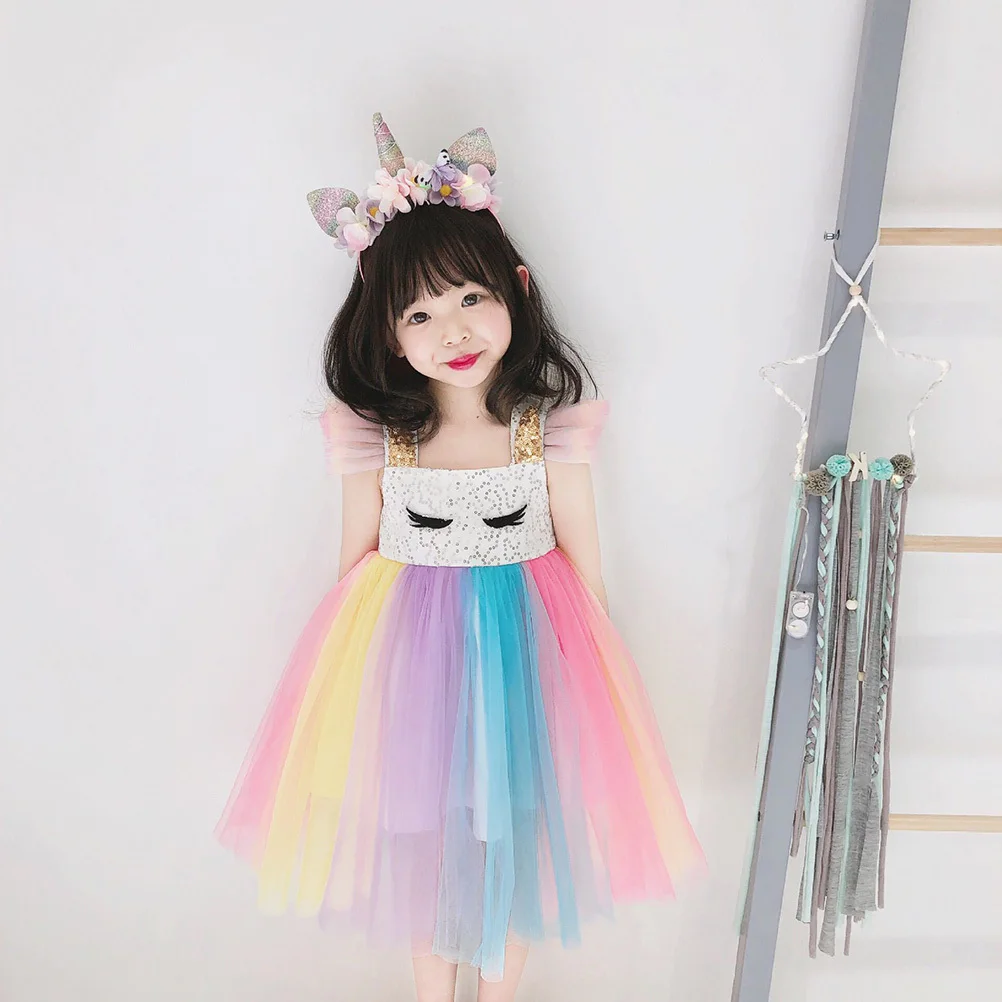

Girls Rainbow Color Tutu Dress Sleeveless Birthday Party Performance Skirt Costume Outfit Accessory Size 110cm