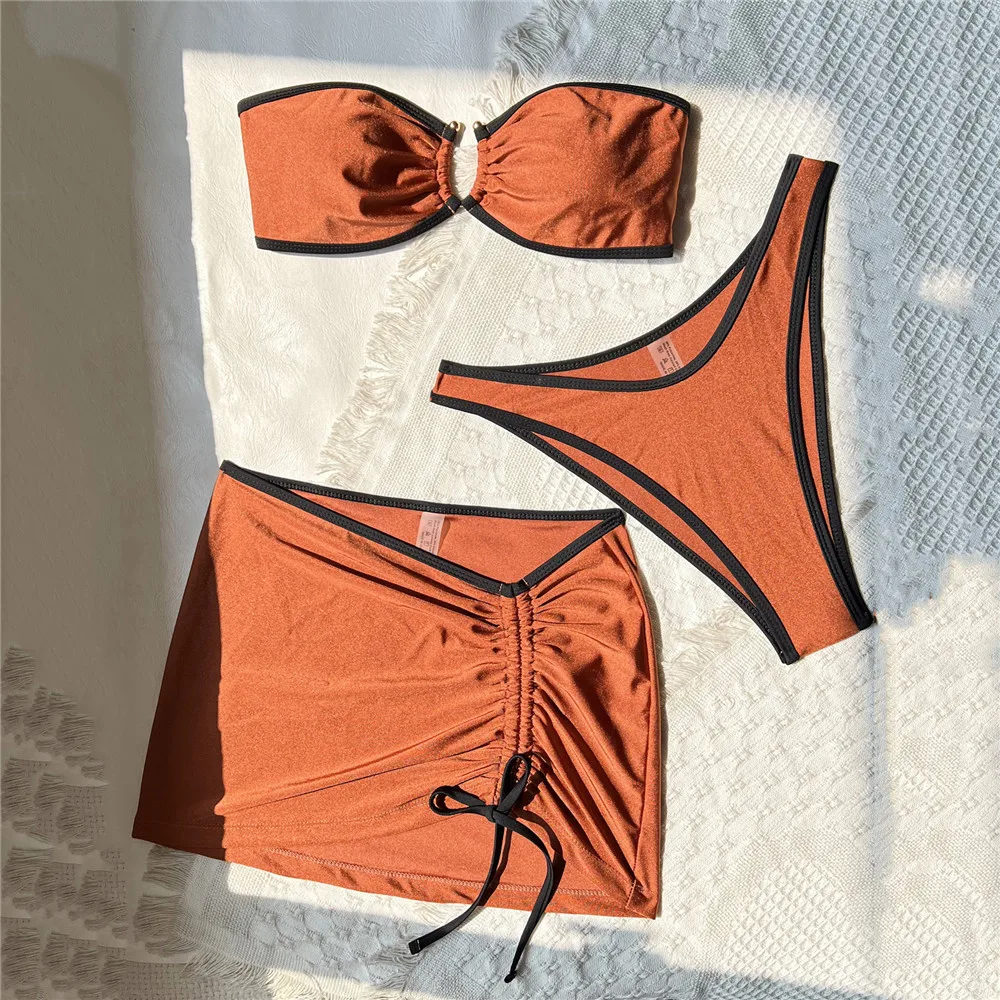 البني لامعة العصابة ملابس النساء 2025 3 قطعة مجموعة البكيني مثير المايوه التستر التنانير حلقة معدنية ثوب السباحة البيكينيات فام