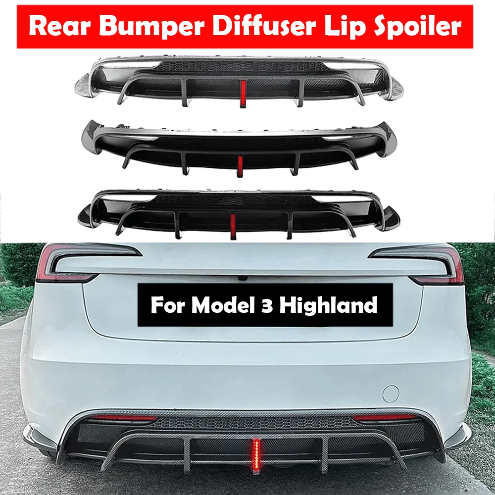 For Tesla Model 3 Highland 2024+ Car Rear Bumper Diffuser PP Material Rear Lip Spoiler LED Light Accessories Tuning Body Kit