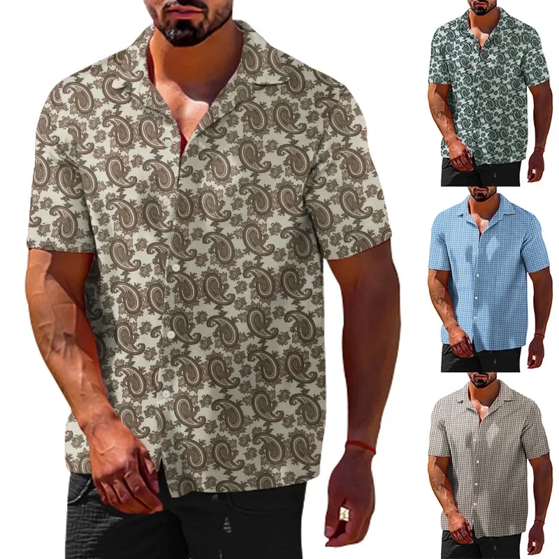 Mens Top Summer Lapel Short-sleeved Youth Cashew Flower Short-sleeved Slim Print Mens TShirt