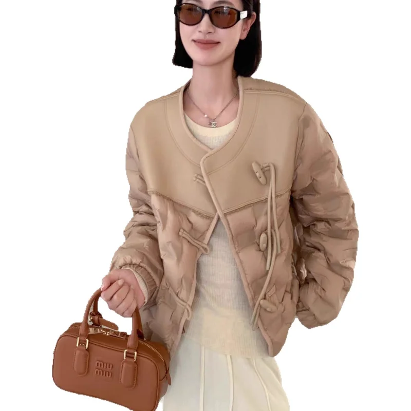 Jaqueta fina para mulheres, novo estilo de inverno, gola redonda, leve, patchwork, versátil, jaqueta curta elegante