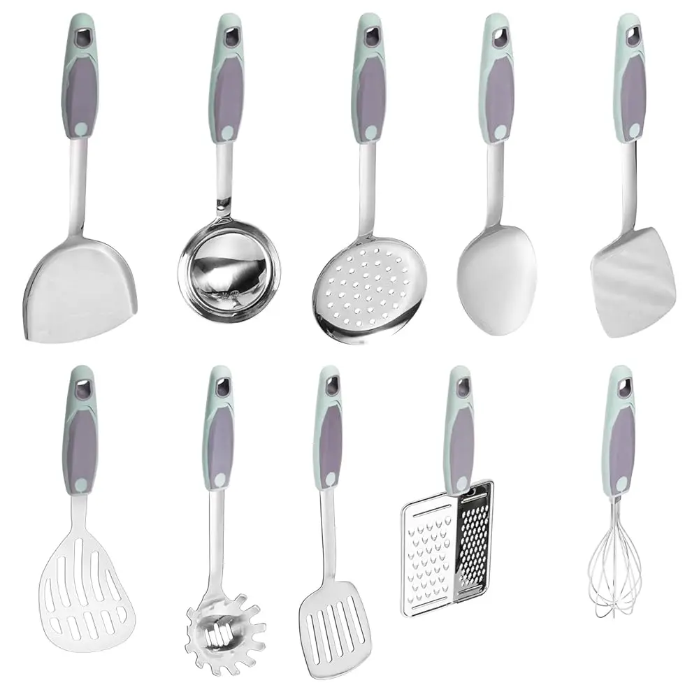 

10Pcs Cooking Utensils Set, Stainl Steel Utensils Set Non Slip Handle Heat Resistant Kitchen Cooking Tools Durable Metal